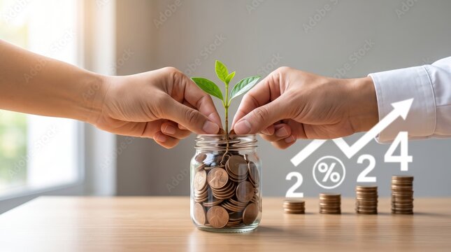 Hands planting a green sprout in a glass jar filled with coins, symbolizing financial growth and savings investment, compound interest, wealth accumulation strategy