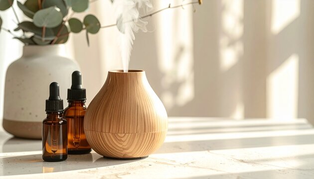 Ceramic aroma diffuser with essential oil bottles emitting steam mist on travertine table for stress relief and relaxation
