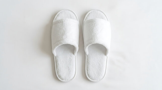 Pair of White Plush Hotel Slippers on White Bedding Top View; Minimalist Clean Spa Footwear for Relaxation and Hospitality Branding; High-Key Mockup Style Image for Wellness and Comfort Design.