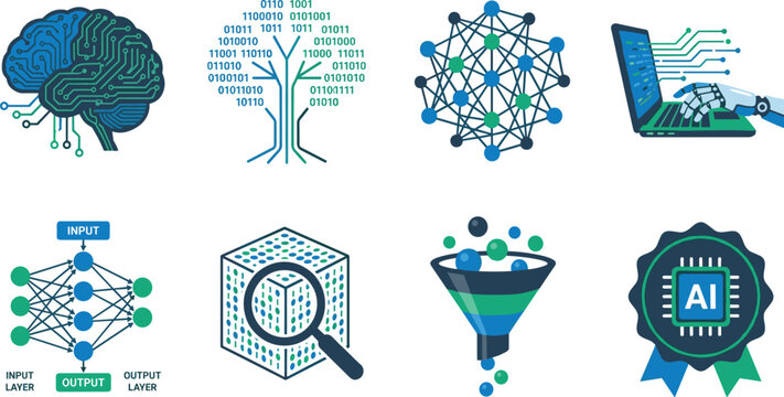 Artificial Intelligence and Deep Learning Icon Set with Neural Networks Machine Learning Data Funnel and Robotic Coding Elements
