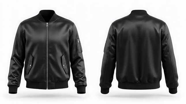 Black Bomber Jacket Mockup Front and Back View Isolated on White, Realistic 3D Render of Leather or Satin Streetwear Apparel for Fashion Design Template and Brand Marketing