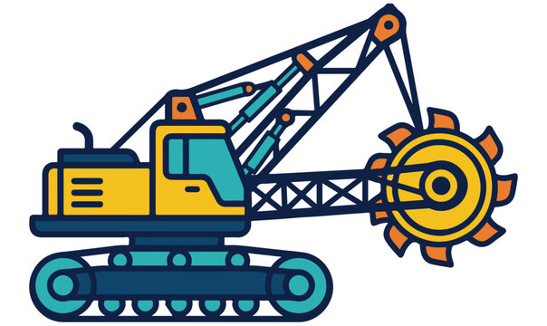Bucket wheel excavator vector illustration of heavy industrial mining machinery with crawler tracks and rotary wheel