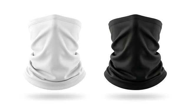 Realistic White and Black Buff Neck Gaiter Mockup Set, 3D Rendered Fabric Face Mask Template for Branding and Custom Print Design, Isolated on Plain White Background for Commercial Apparel Use