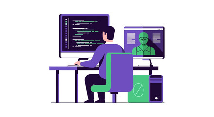 Fototapeta premium Software Developer Working on Artificial Intelligence and Facial Recognition Technology, Machine Learning and Coding Flat Illustration