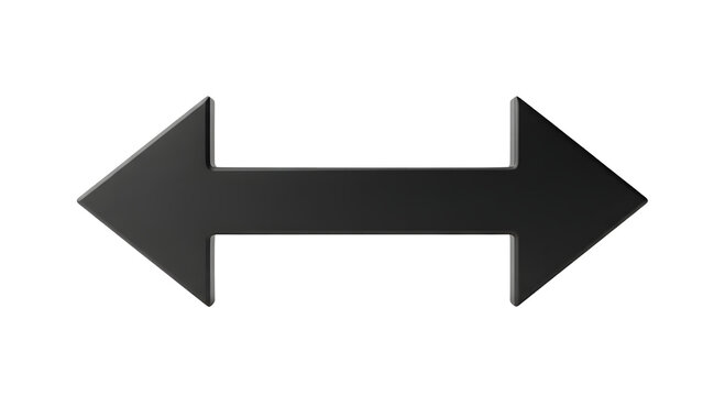 3D render dark black double-sided arrow pointing left and right isolated on black background