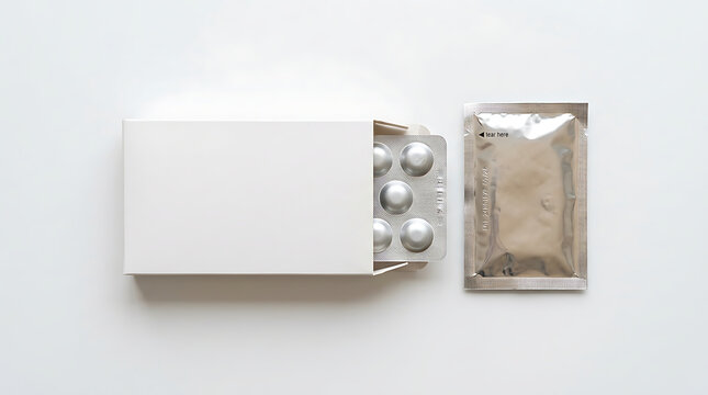 Blank White Pharmaceutical Medicine Box Mockup with Blister Pack and Foil Sachet Pouch Isolated on White Background for Healthcare Product Packaging Design