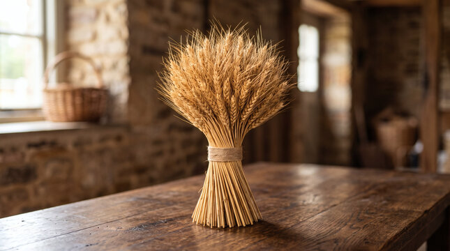 Golden wheat sheaf tied with twine on a rustic wooden table
