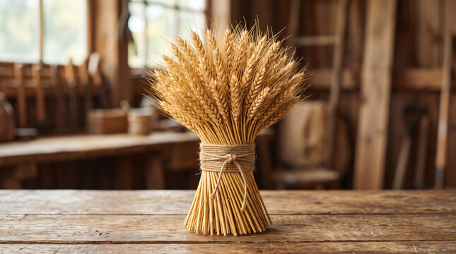 Bundle of golden wheat tied with twine on a rustic wooden surface