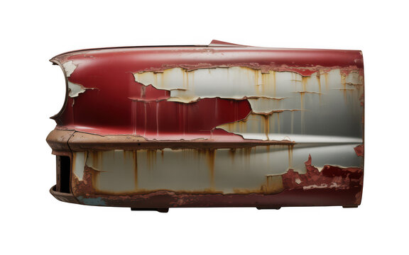 A weathered and damaged car fender with peeling paint and rust isolated on a white background
