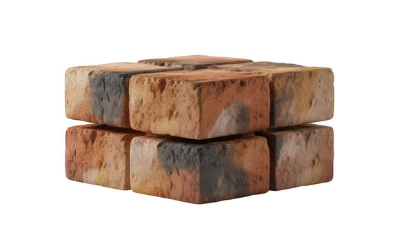 A set of weathered and rustic clay bricks arranged in a stack, isolated on a white background.