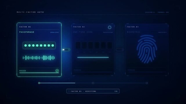 Multi factor authentication interface verifying passphrase one time code and fingerprint access