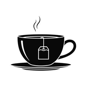 Steaming teacup with tea bag in a bold woodcut vector style for boutique tea room branding