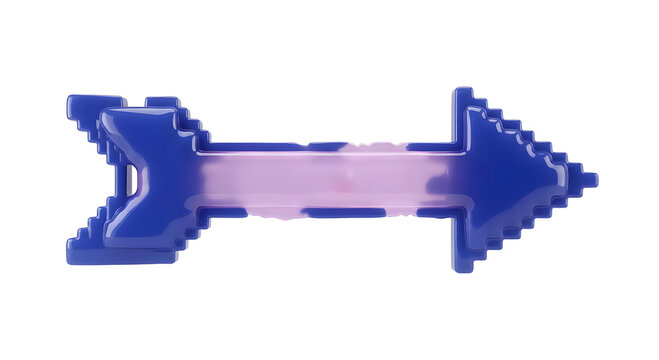 3D render glossy blue and purple pixelated arrow symbol pointing right on black background