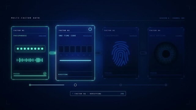 Four factor authentication screen verifying passphrase code fingerprint and iris before access