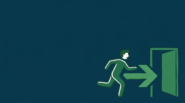 Green stick figure running toward open exit door with arrow