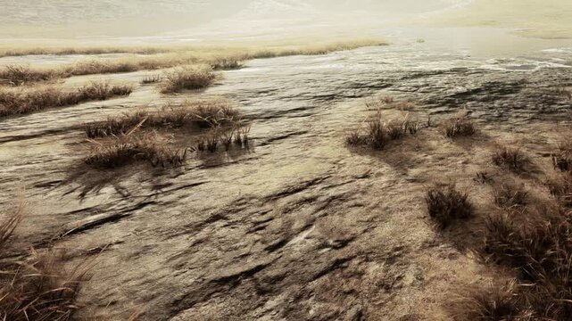 Grass grows close to water in a coastal area. The scene shows wet and dry patches merging together. Light from the early morning creates a soft glow around the landscape.