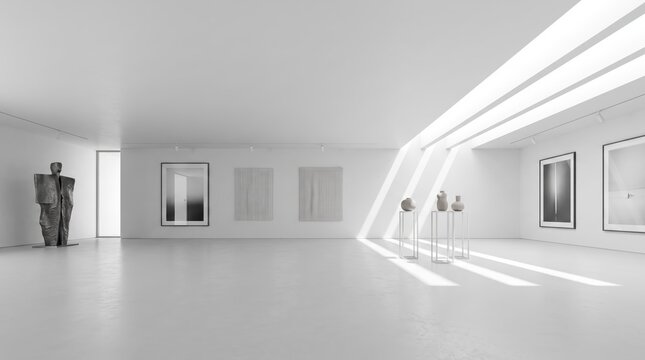 Minimalist modern art gallery interior with white walls and concrete floor, bright natural sunlight beams entering through skylights, contemporary exhibition space featuring