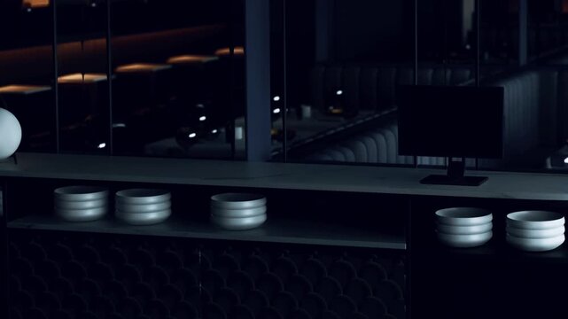 A dining area is shown at night with empty white bowls lined up on a counter. A computer screen sits on the counter. Tables are set in a dark, elegant space.