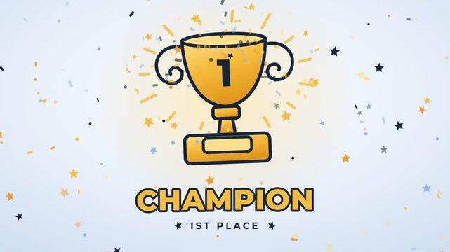 Gold trophy with confetti and champion first place text animation on a light background