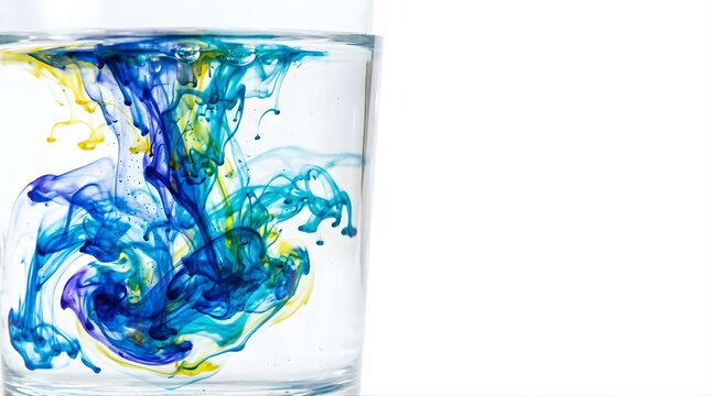 Blue and yellow ink swirling in clear water glass isolated on white