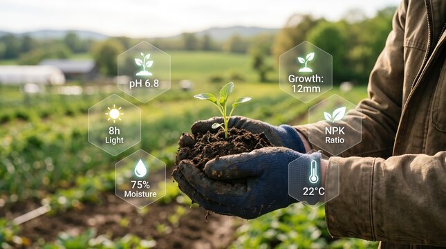 Advanced smart farming showing farmer hands holding soil with young seedling surrounded by digital data overlays monitoring pH, moisture, temperature, and growth metrics