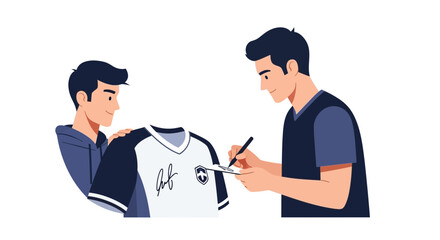 Fototapeta premium Professional Athlete Signing Autograph for Young Fan on Jersey and Card - Flat Vector Illustration