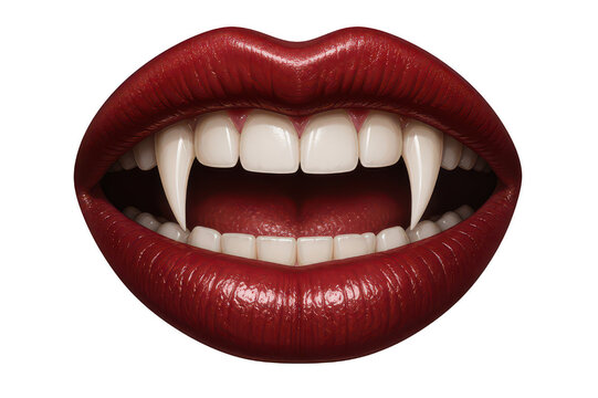 Vampire mouth with sharp fangs and red glossy lips isolated on transparent background, Halloween graphic element for horror themed digital art and costume design projects