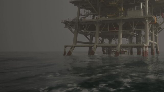 An oil rig is visible above the surface of the ocean. Fog surrounds the structure, and waves gently move around the base of the rig. The atmosphere is heavy with dark clouds.