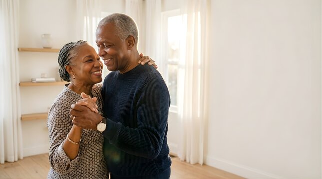 Happy senior African American couple dancing together in their bright home