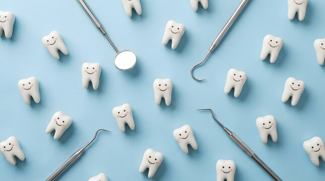 Dental hygiene concept with healthy teeth and professional tools
