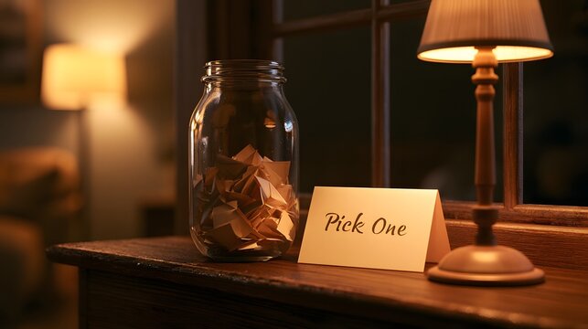 Pick One card beside glass jar of folded notes and table lamp.