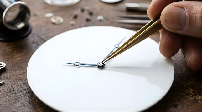Watchmaker repairing a clock dial with precision tweezers on a workbench