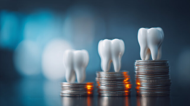 Teeth displayed on rising stacks of coins representing dental care costs insurance and healthcare affordability.

