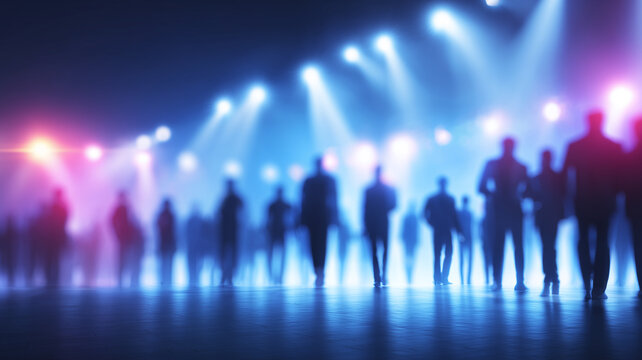 Crowd silhouettes beneath stage lights representing live events professional networking and public gatherings.
