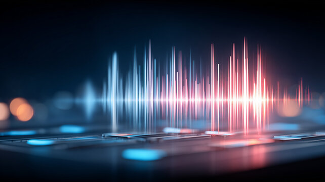Audio waveform rising above a digital surface representing sound frequency voice signals and audio processing technology.
