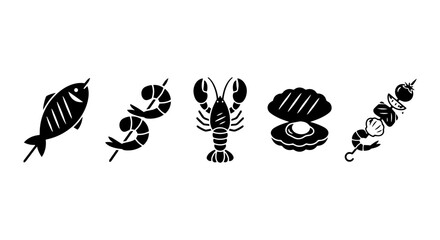 Seafood Icons Vector Set: Fish, Shrimp Skewers, Lobster, Oyster, Kabob Collection © mohibul