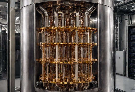 Cryogenic quantum computer core structure installed inside high tech scientific research laboratory hall