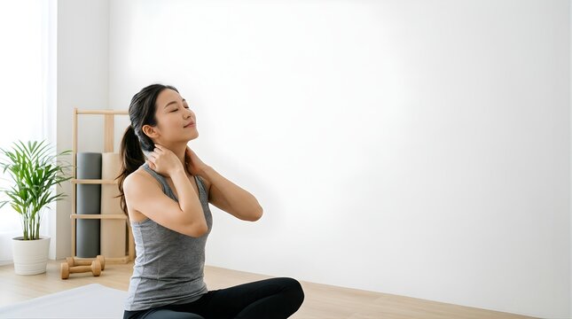 Young woman practicing yoga and neck massage at home for relaxation