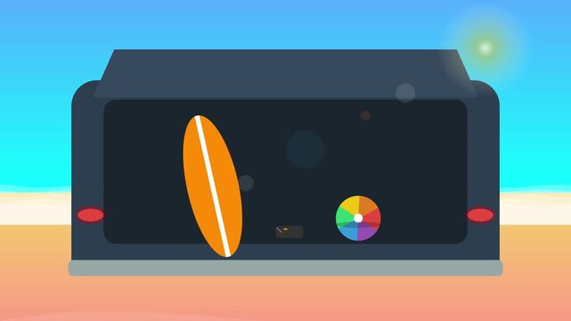 Animated Van Loaded with Summer Beach Essentials Surfboard and Beach Ball 4K 60fps 16:9 Canvas