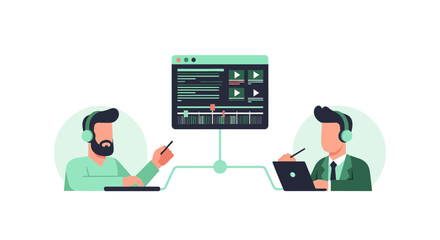 Fototapeta premium Collaborative Video Editing and Software Development Team Illustration - Remote Digital Workflow Concept