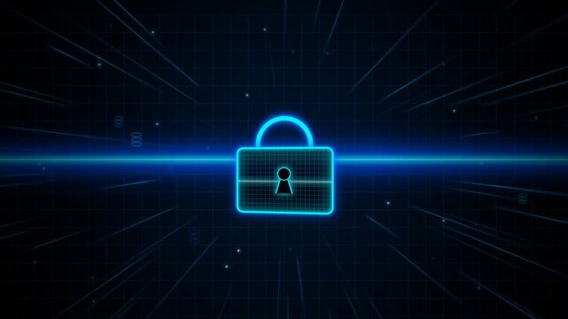 A glowing blue digital padlock symbol illuminates a dark cyberspace network symbolizing cyber protection, encryption technology, and secure data transmission across global servers