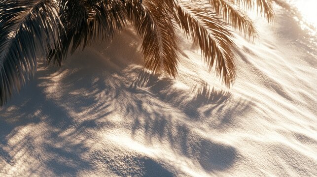 Palm tree shadows on sandy dune surface in golden hour light