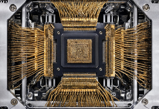 Detailed macro close up view of computer processor microchip connected with fine gold wiring on circuit board