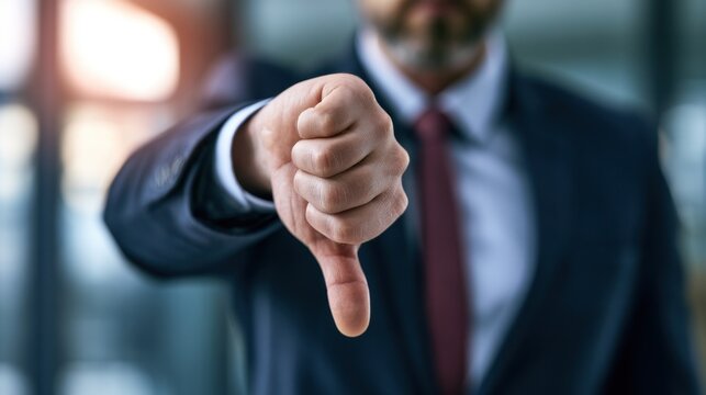 Businessman giving thumbs down gesture in office with blurred background