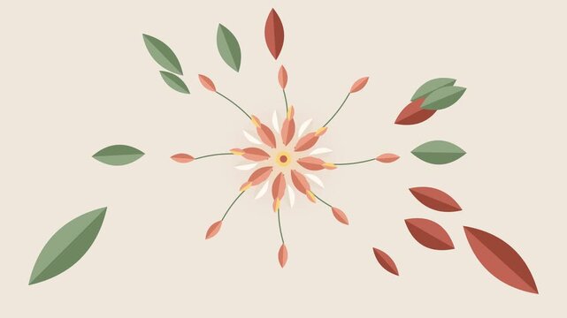 Stylized floral vector animation with spinning petals and floating leaves