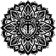 Fototapeta premium Wolf Mandala Leaf Pattern Circular Ornament Decorative Animal Face Tribal Floral Black White Vector Illustration Design Logo Art Icon