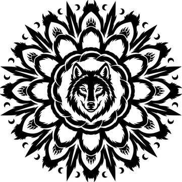 Wolf Mandala Circular Ornament Moon Decorative Animal Face Tribal Floral Black White Vector Illustration Design Logo Art Pattern Ethnic Bohemian Icon