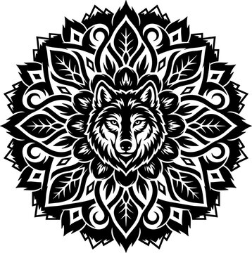 Wolf Mandala Leaf Pattern Circular Ornament Decorative Animal Face Tribal Floral Black White Vector Illustration Design Logo Art Icon
