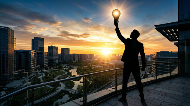 Silhouette of a businessman celebrating with a glowing lightbulb on an urban rooftop at sunset perfect for demonstrating innovative urban success bright corporate ideas and executive victories