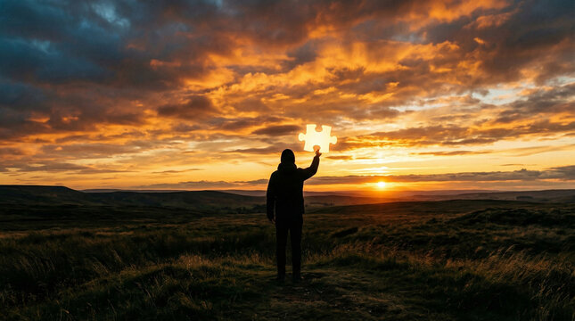 Silhouette of a person standing on a hilltop holding a glowing light towards a dramatic sunset perfect for showcasing hopeful guidance bright inspiration and visionary leadership
